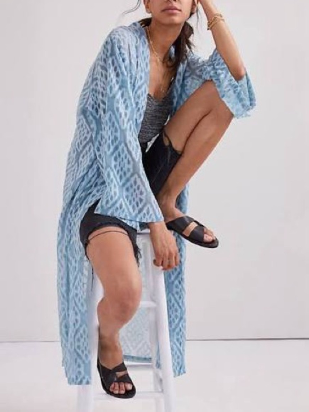 Anthropologie Emma Sheer Sky Kimono Duster Blue Boho Festival Swim Cover-Up OS